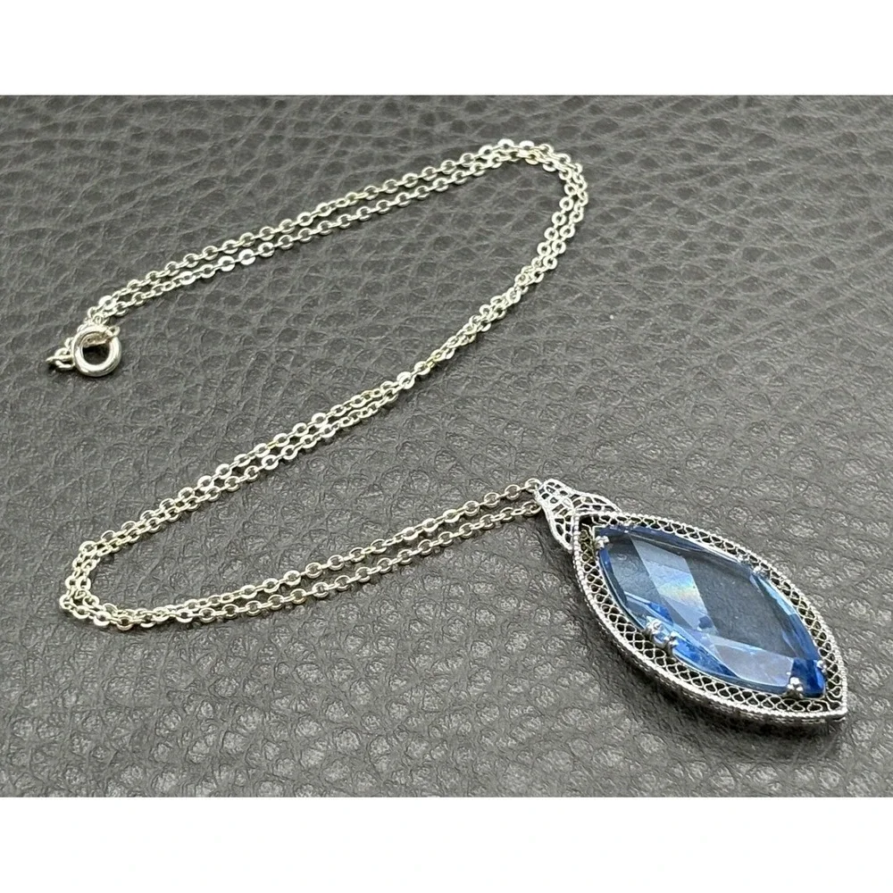 Vintage Czech Antique Blue Faceted Glass Marquise Drop Pendant Necklace 18
